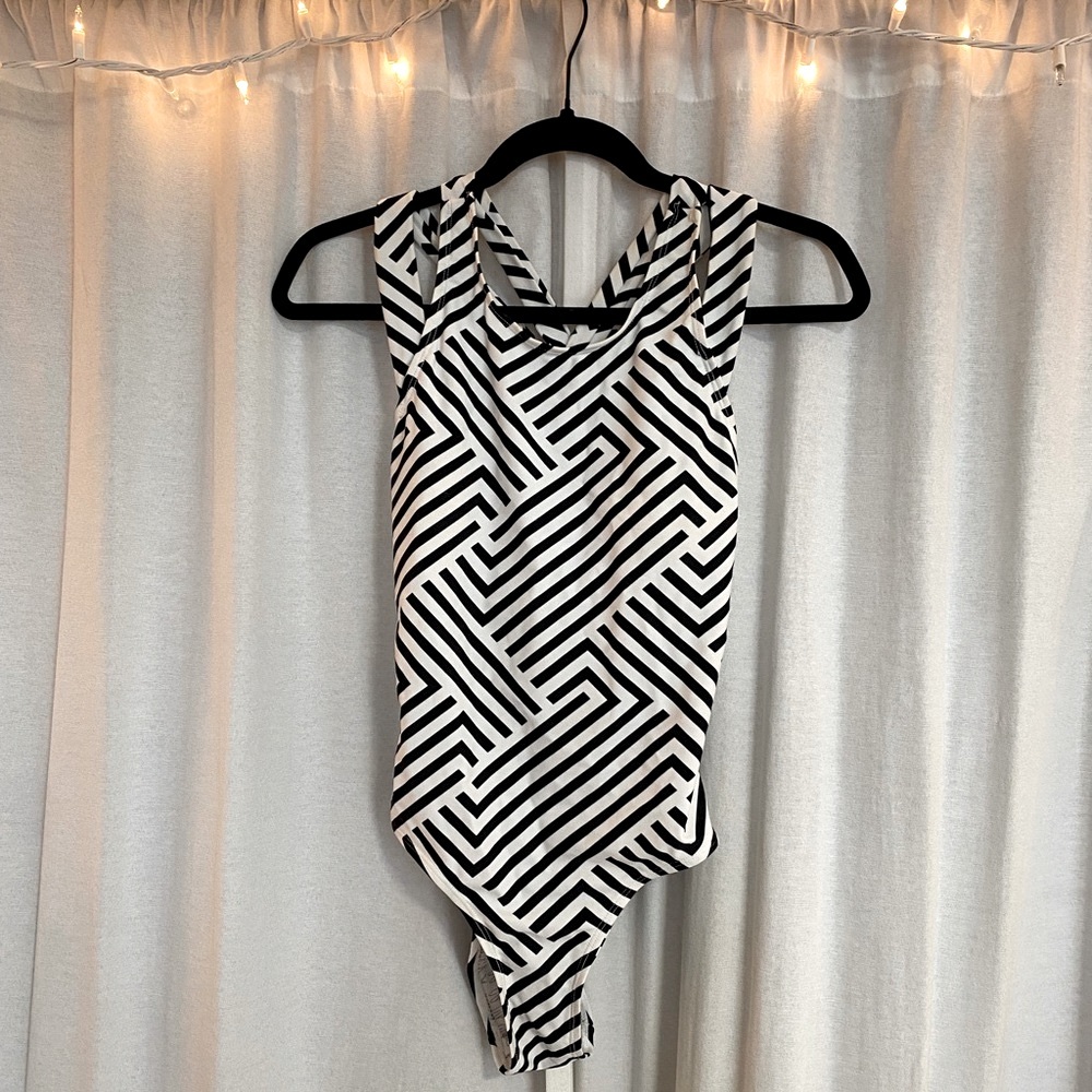 Black and white striped chevron bathing suit